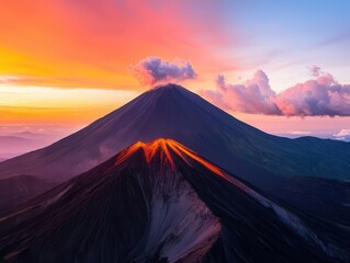 Sunset over volcanic peaks with dramatic shadows and glowing clouds, epic terrain and colors