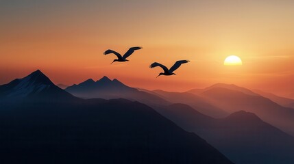 Giant birds flying over sunset mountainscape, fantasy world with epic mood