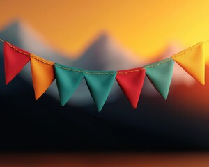 Himalayaninspired peaks at golden hour with prayer flags fluttering and glowing light