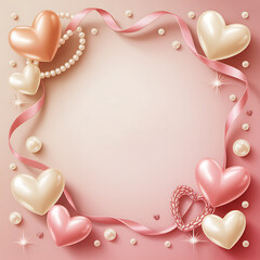 Pearlescent Valentine's Day Frame: Elegant pink border, flowing ribbons, and classic pearls for February 14th.