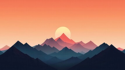 Minimalist orange and pink sky over silhouette of distant sharp mountain ridges