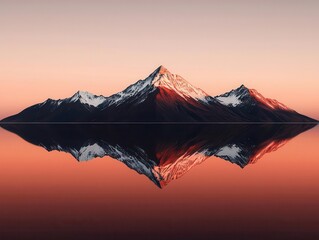 Reflections of a sunset mountain range in still alpine lake, mirrorlike symmetry, peaceful vibe