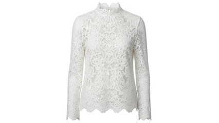 White lace mock neck long sleeve blouse with scalloped hem image