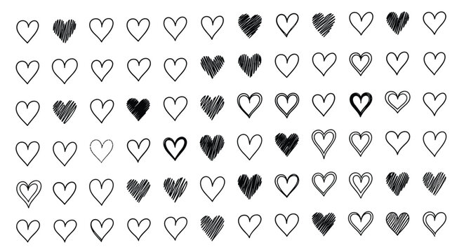 Grid of small hand-drawn heart shapes in different styles including outline solid and sketchy for romantic and Valentine themes.