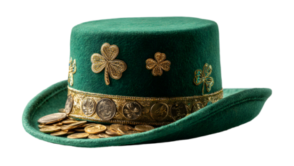 A festive green top hat adorned with shamrocks and golden coins