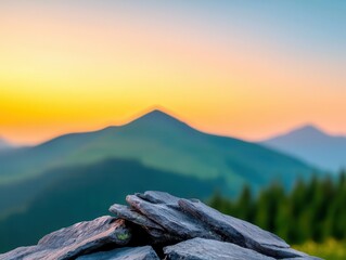 Wide panoramic view of a rocky mountain range bathed in soft sunset glow, tranquil nature background, vibrant colors