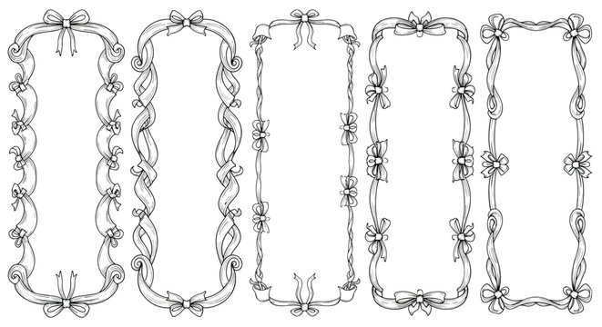 Collection of five vertical rectangular frames decorated with elegant hand-drawn ribbons, bows, and decorative scrolls.