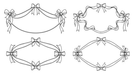Set of four elegant decorative frames made of flowing ribbons and bows in thin line art style for refined stationary designs.