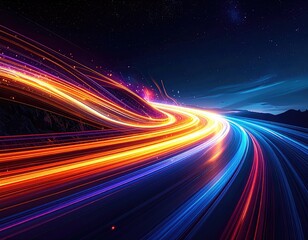 Dynamic highway streaks of light, vibrant colors against dark starry night sky