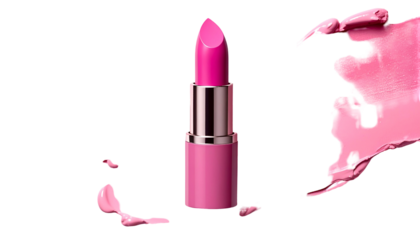 A vibrant pink lipstick standing upright with splashes of pigment on a black backdrop