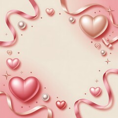 Soft Valentine's Day Frame: Pink and rose gold 3D hearts, satin ribbons, and pearls for February 14th.