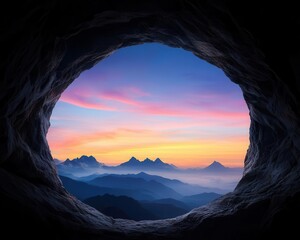 Sunset view from mountain cave entrance, framing distant peaks and glowing sky
