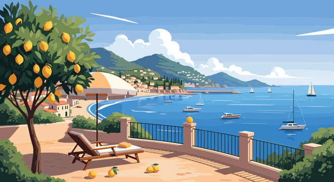 Sunny Mediterranean coastal scene featuring a lemon tree on a terrace with a lounge chair overlooking a beach with boats and mountains.