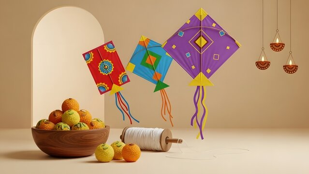 Colorful kites, bowl of fruits, and spool of thread for makar sankranti festival celebration