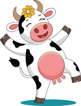 Cute cartoon cow with flower dancing happily illustration for children's books character design vibrant animal illustration joyful farm animal mascot for educational resources dairy product packaging