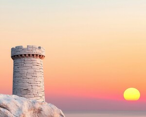 Old stone watchtower overlooking sunset on jagged cliffs, medieval adventure feel