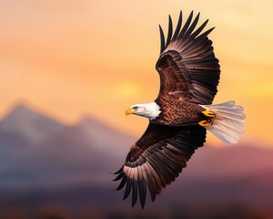 Majestic eagle soaring across sunsetlit mountain backdrop, freedom concept