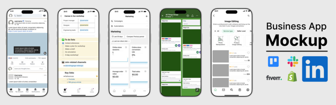 Business App Mobile Mockup Featuring Fiverr, Shopify, LinkedIn, Slack and Trello on Smartphone UI
Professional Digital Business Platforms for Freelancing, Online Stores, Team Chat and Work Management