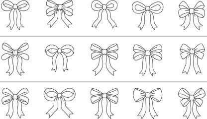 Mega hand-drawn bow and ribbon sketch set featuring fifteen unique decorative outlines with various loop styles and long tails for boutique branding gift wrap and wedding invitation design