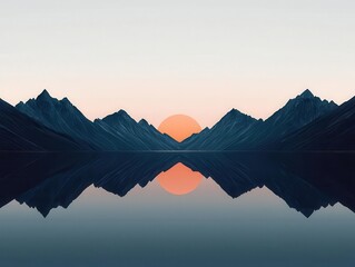 Reflections of a sunset mountain range in still alpine lake, mirrorlike symmetry, peaceful vibe