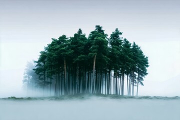 Forest of trees is shown in a foggy, misty atmosphere. The trees are tall and dense, creating a sense of depth