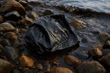 Fototapeta premium Black Plastic Bag on Rocky Shoreline by Calm Water Edge