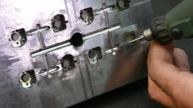 An employee grinds channels in a metal product. The grinding tool is in operation.