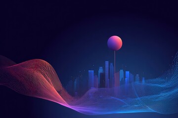 Abstract digital illustration of a futuristic city skyline with vibrant waves of color and light, representing sound waves and technology in a modern urban environment