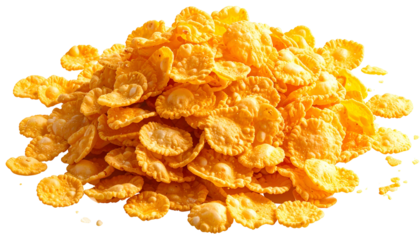 A golden, crunchy pile of individual cereal flakes, isolated on a black background