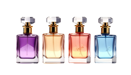 Four perfume bottles, various colors, with crystal caps, gold collars, square shapes