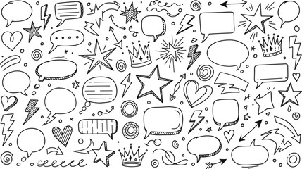 Mega hand-drawn doodle element set featuring sketchy speech bubbles stars crowns hearts and lightning bolts for creative social media storytelling journaling and whimsical branding design
