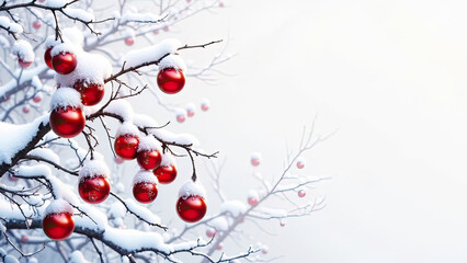 Red berries on a snow-covered bush, white background  with copy space