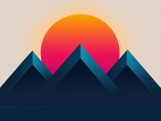 Retrostyle illustration of vibrant sunset behind mountain range, vintage travel poster look
