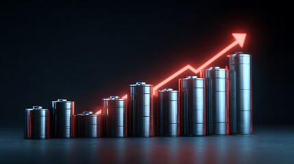 Metallic cylinders form a rising graph with a glowing red line. Dark background