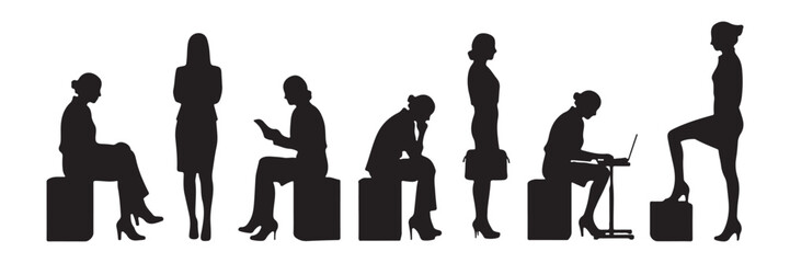 This image displays eight black silhouettes of women arranged in a horizontal line against a white background. The figures exhibit a variety of poses and activities, including sitting upright, 