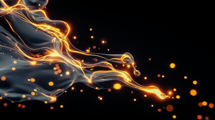 Glowing, fiery stream of liquid is projected onto a black background. Concept of movement and energy