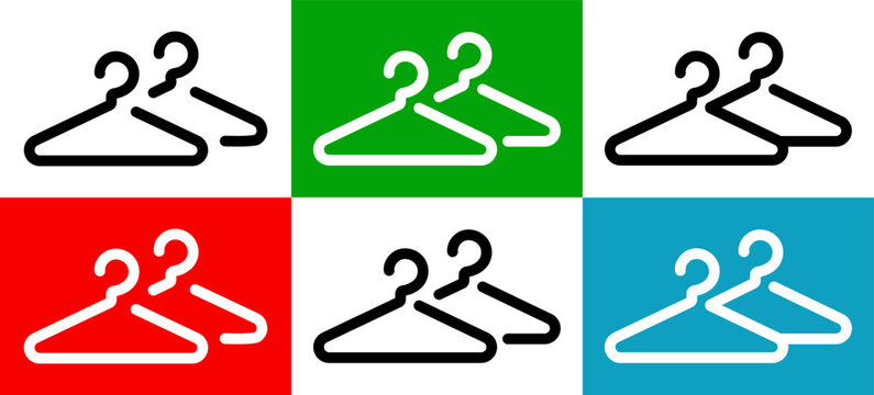 Wardrobe or cloakroom icons with simple hangers outline on diffrent colorec background. Clean vector illustration symbolizing dressing area, storage or changing room. 
