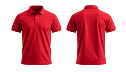 Front and back views of a solid red polo shirt on a black background, slightly angled
