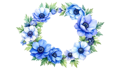 Watercolor floral wreath of blue and white anemone flowers and green leaves