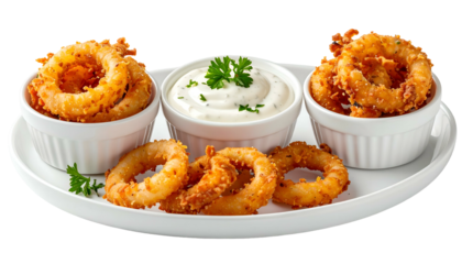 Crispy fried onion rings and dipping sauce served in small white bowls on a plate