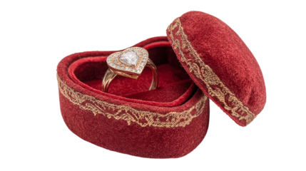 Heart shaped diamond ring in red velvet box with open lid romantic proposal jewelry luxury wedding engagement anniversary gift love present