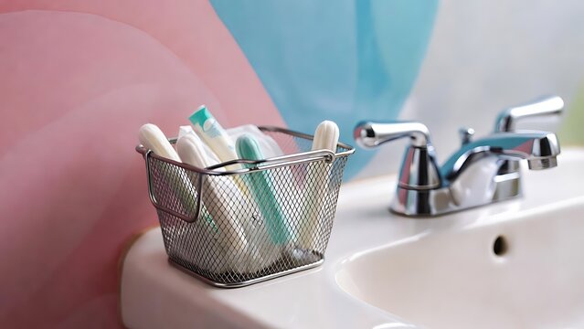 Assortment of feminine hygiene products in a metal basket on a