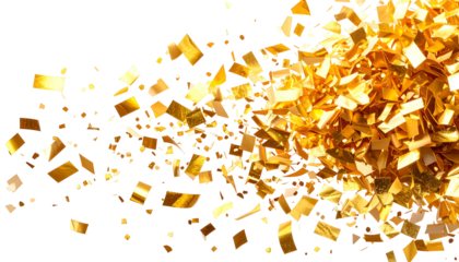 Golden confetti in mid-air against black background, suggesting motion and celebration