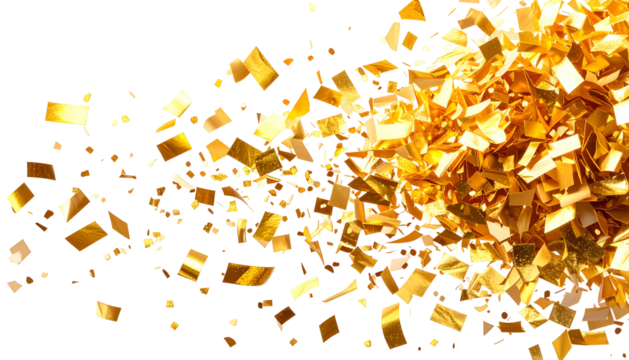 Golden confetti in mid-air against black background, suggesting motion and celebration - Powered by Adobe