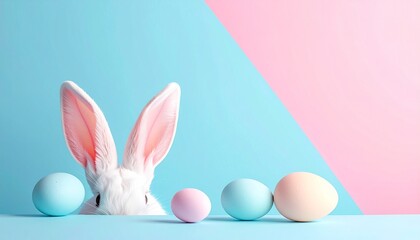 easter bunny greeting card pastel color with copy space, blue,pink
