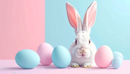 easter bunny greeting card pastel color with copy space, blue,pink