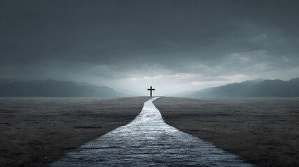 A stone path leads toward a wooden cross, set against a backdrop of mountains and a stormy sky