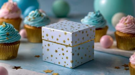 product mockup of gift box with white paper label and gold stars, in light blue color palette, on table next to cupcakes, pastel colors, party decorations in background