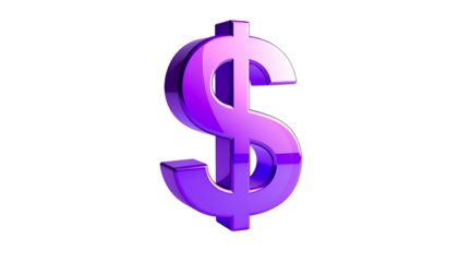 A purple, glossy, three-dimensional dollar sign on a stark black background