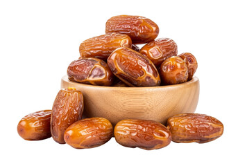 dates in a wooden bowl on white background
